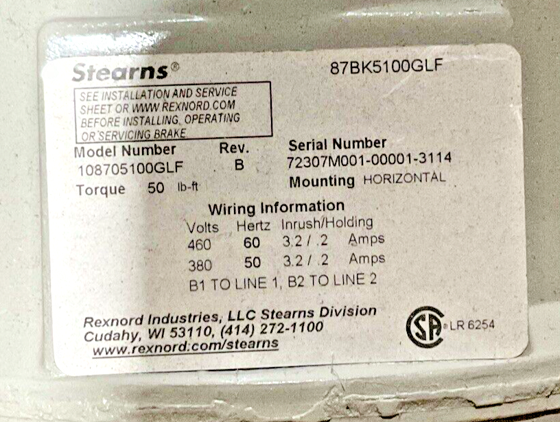 BALDOR 15HP 1765RPM 18A MOTOR W/ STEARN 108705100GLF BRAKE REV.B 50LB-FT