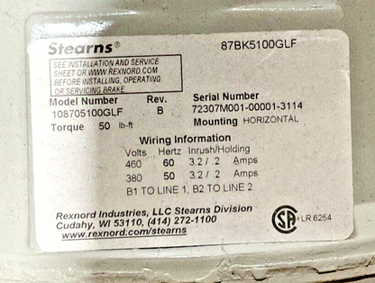 BALDOR 15HP 1765RPM 18A MOTOR W/ STEARN 108705100GLF BRAKE REV.B 50LB-FT