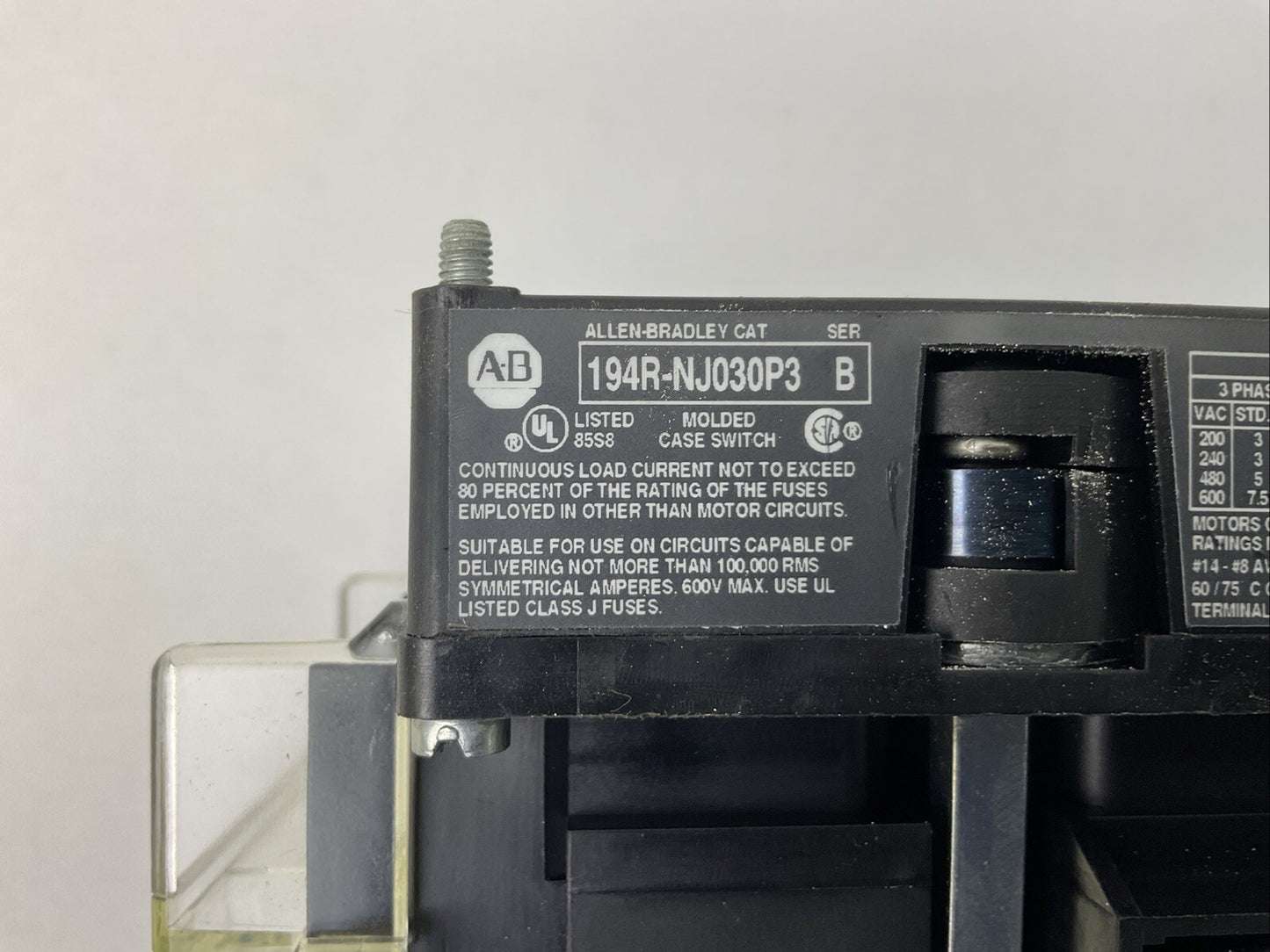 ALLEN BRADLEY 194R-NJ030P3 SER B DISCONNECT SWITCH 194R-HS4 SER A OPERATING HAND