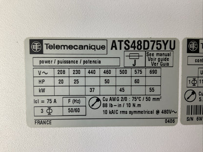 TELEMECANIQUE ATS48D75YU SOFT STARTER 575VAC 60HP 75A