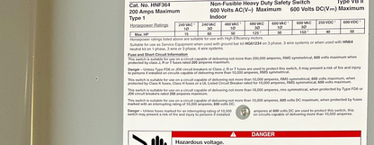 SIEMENS HNF364 NON-FUSIBLE SAFETY SWITCH 200A 600VAC/VDC TYPE VBII