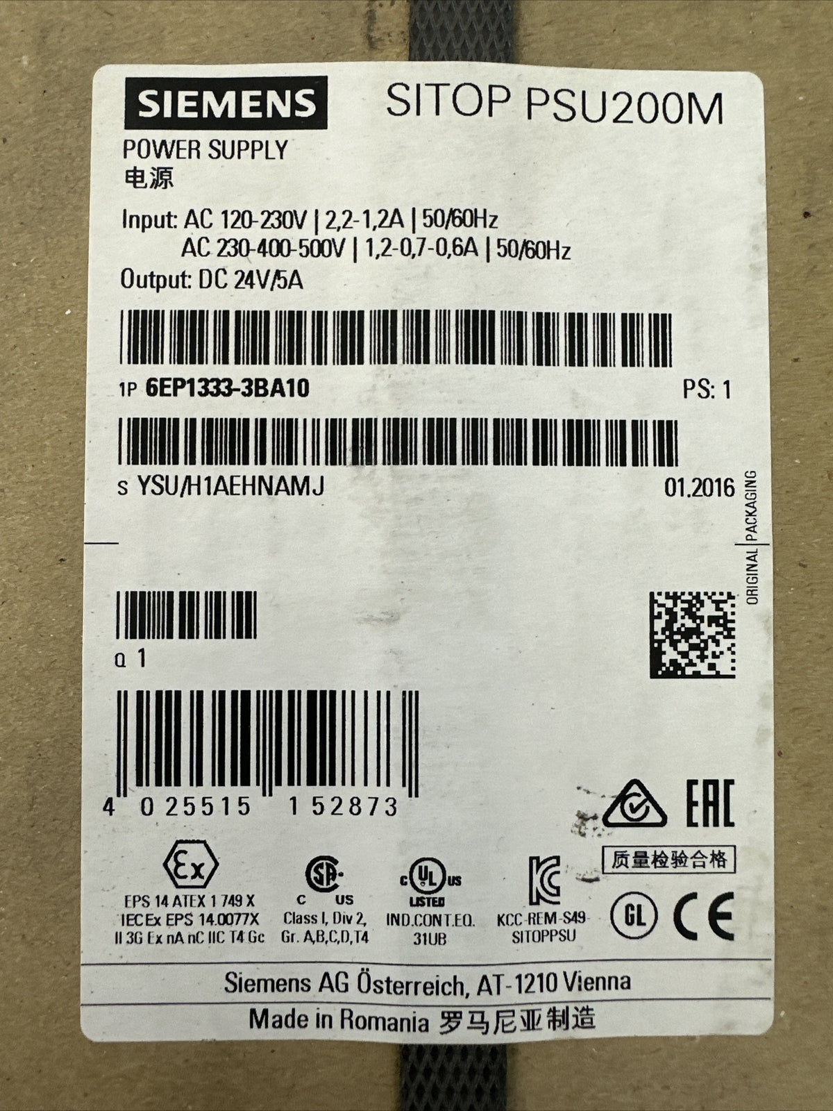SIEMENS 1P 6EP1333-3BA10 SITOP PSU200M POWER SUPPLY OUTPUT 24VDC 5A