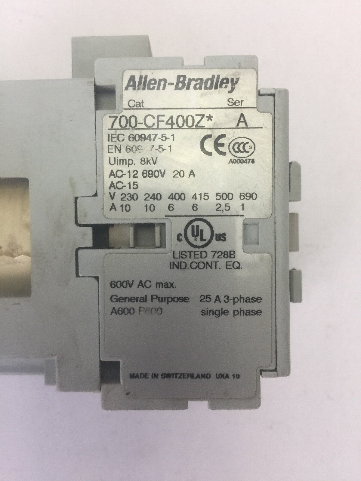 ALLEN BRADLEY 700-CF400Z* CONTACTOR SER A 600VAC COIL 24VDC