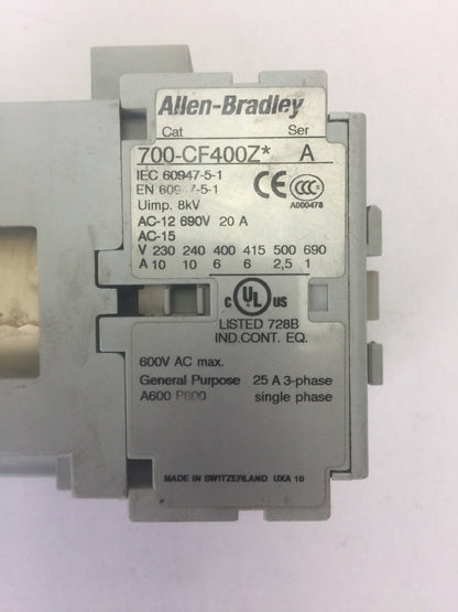 ALLEN BRADLEY 700-CF400Z* CONTACTOR SER A 600VAC COIL 24VDC