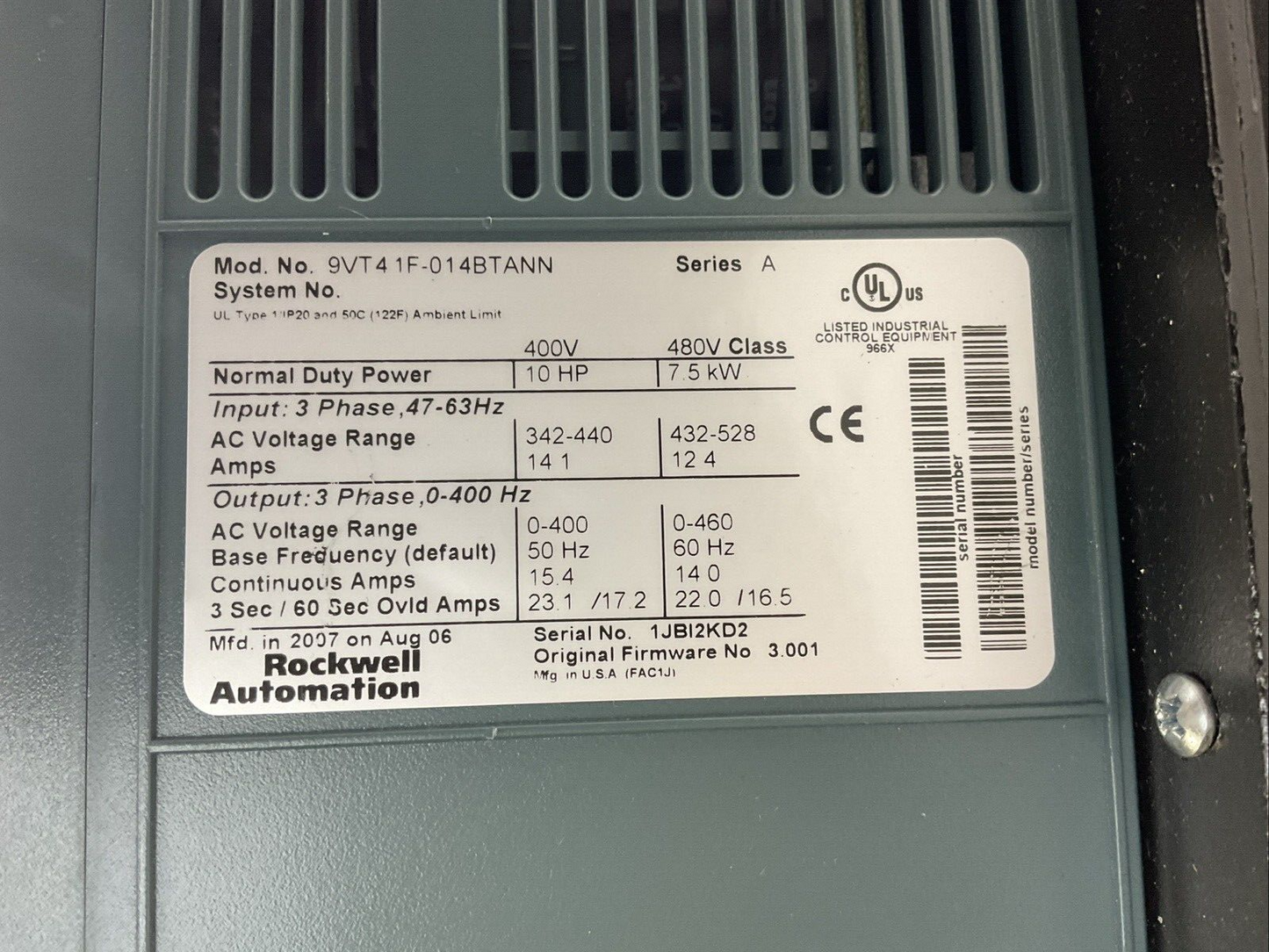 ROCKWELL AUTOMATION 9VT41F-014BTANN AC DRIVE SER A 400V 10HP FIRMWARE NO 3.001