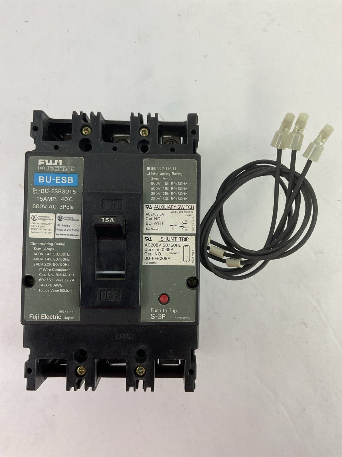 FUJI BU-ESB3015 CIRCUIT BREAKER 15A 600VAC 3P BU-WFH AUXILIARY SWITCH BU-FFH208A