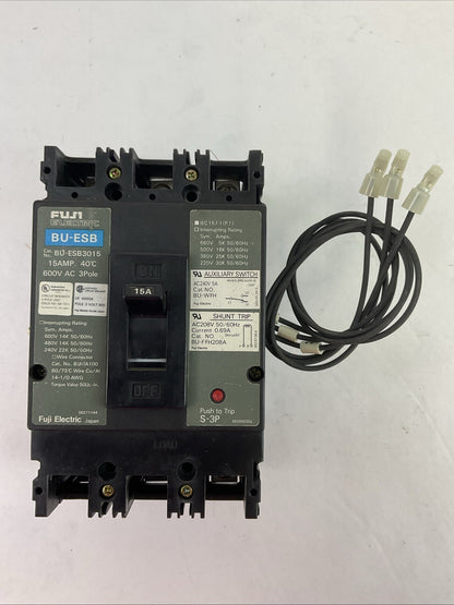 FUJI BU-ESB3015 CIRCUIT BREAKER 15A 600VAC 3P BU-WFH AUXILIARY SWITCH BU-FFH208A