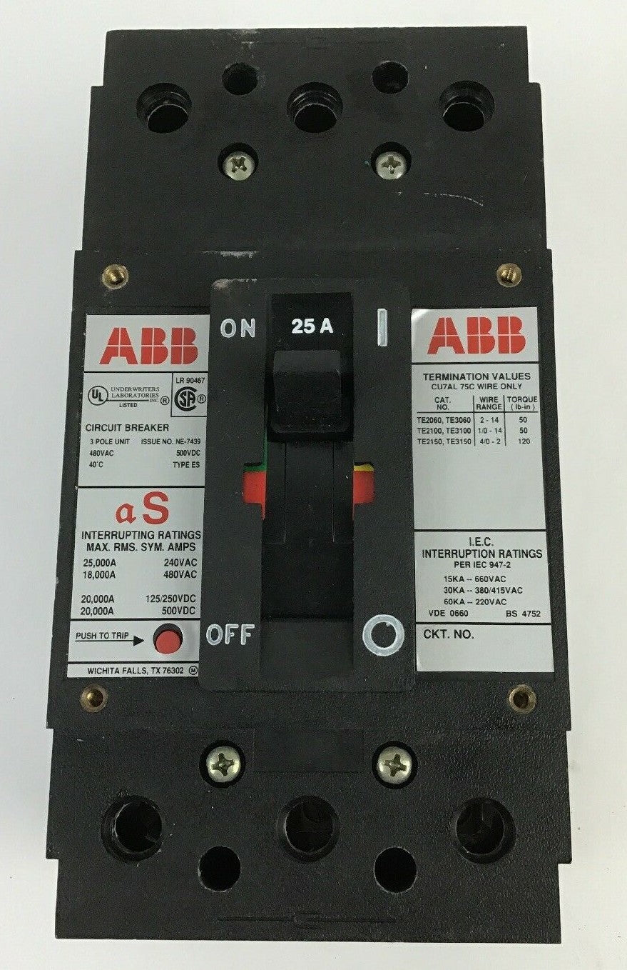 ABB UXAB 727131 R 105 25AMP CIRCUIT BREAKER 500VDC 3POLE TYPE ES 480VAC