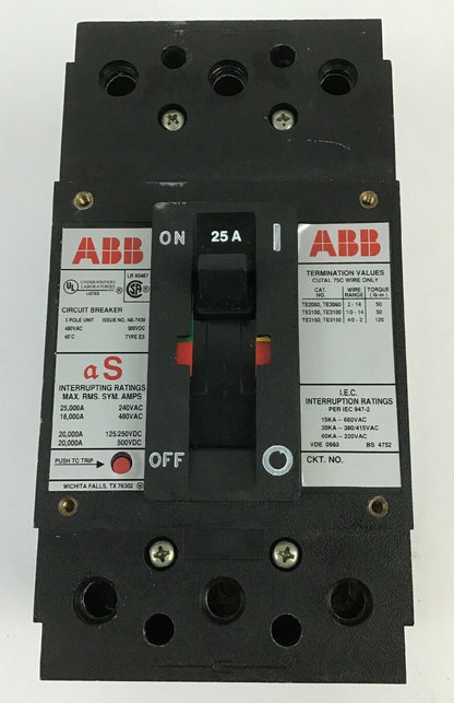 ABB UXAB 727131 R 105 25AMP CIRCUIT BREAKER 500VDC 3POLE TYPE ES 480VAC