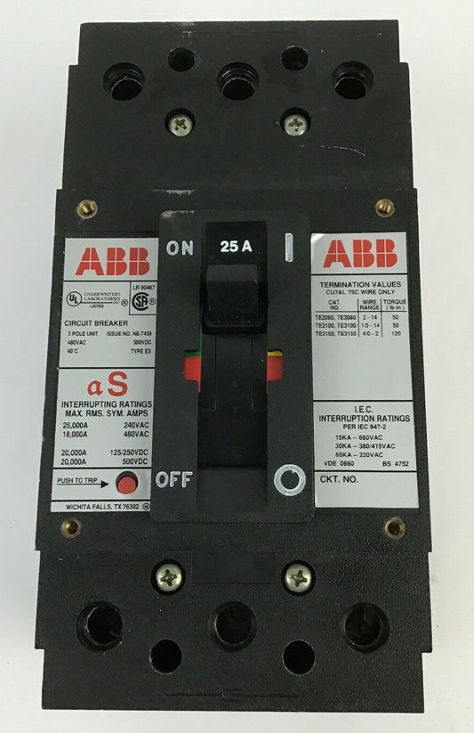 ABB UXAB 727131 R 105 25AMP CIRCUIT BREAKER 500VDC 3POLE TYPE ES 480VAC