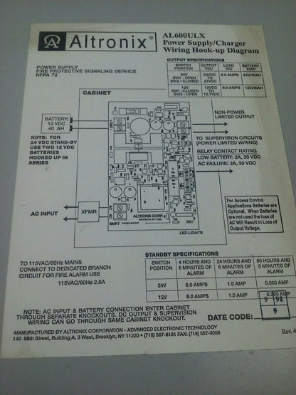 AUDIOSONE ALTRONIX AL600ULX POWER SUPPLY/CHARGER SMP7PM BOARD PS-1270 F1 BATTERY