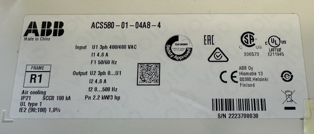 ABB ACS580-01-04A8-4 VFD VARIABLE FREQUENCY DRIVE 3HP 2.2KW 3PH 400-480VAC 4.8A
