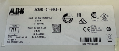 ABB ACS580-01-04A8-4 VFD VARIABLE FREQUENCY DRIVE 3HP 2.2KW 3PH 400-480VAC 4.8A