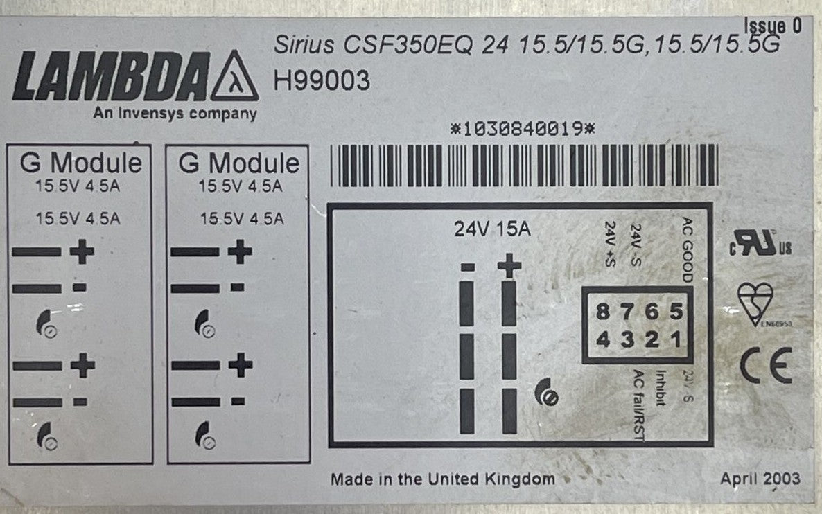 LAMBDA SIRIUS CSF350EQ 24 15.5/15.5G, 15.5/15.5G H99003 POWERWARE GmbH L-SYS-NR.