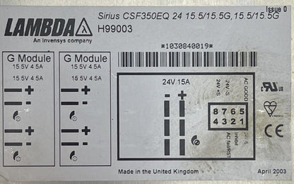 LAMBDA SIRIUS CSF350EQ 24 15.5/15.5G, 15.5/15.5G H99003 POWERWARE GmbH L-SYS-NR.