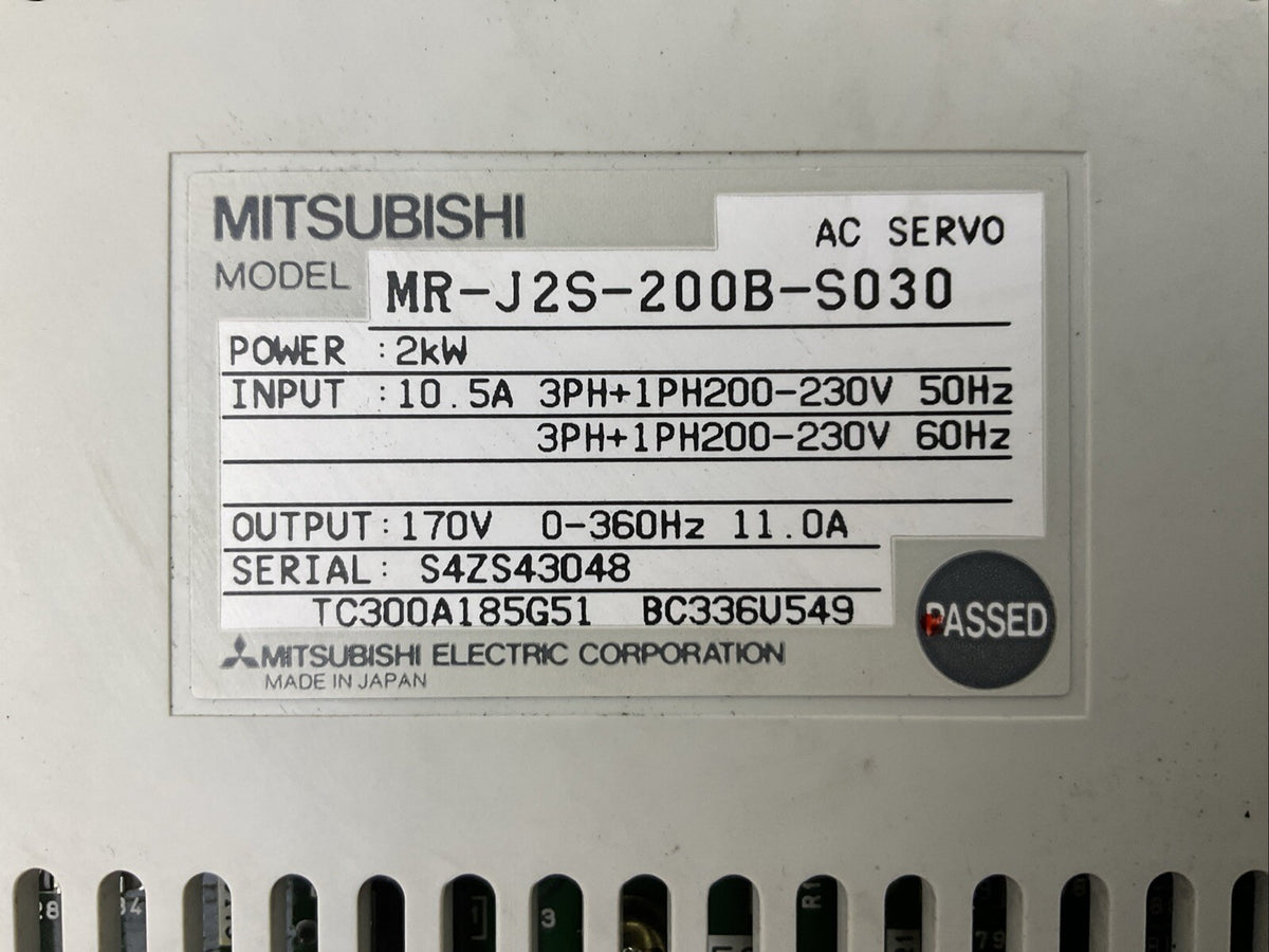 MITSUBISHI MR-J2S-200B-S030 AC SERVO OUTPUT 170V 11A INPUT 200-230V POWER 2kW