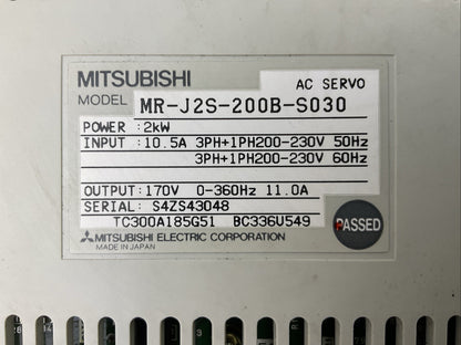 MITSUBISHI MR-J2S-200B-S030 AC SERVO OUTPUT 170V 11A INPUT 200-230V POWER 2kW