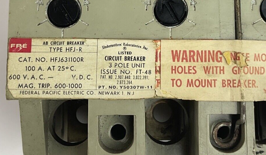 FEDERAL PACIFIC HFJ631100R CRICUIT BREAKER 3POLE 100A 600VAC