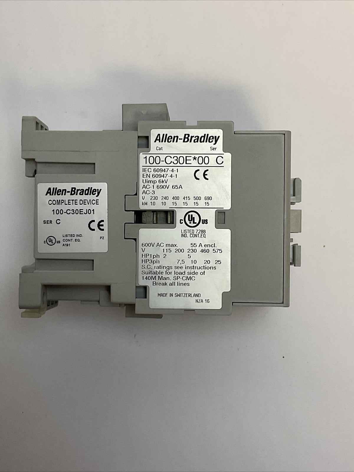 ALLEN BRADLEY 100-C30EJ01 CONTACTOR SER C 600VAC 55A 25HP 3PH COIL 24VDC