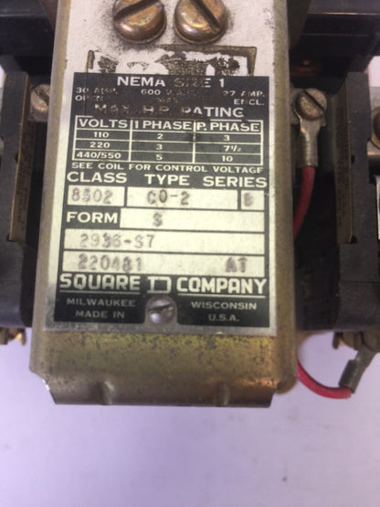 SQUARE D 8502 C0-2 CONTACTOR SER B 30AMP 600VAC 10HP SIZE 1 COIL 120V 60CY