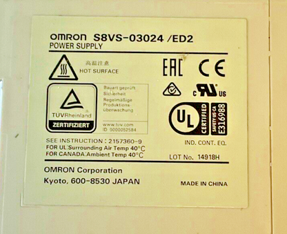 OMRON S8VS-03024/ED2 POWER SUPPLY 24VDC 1.3A CLASS2