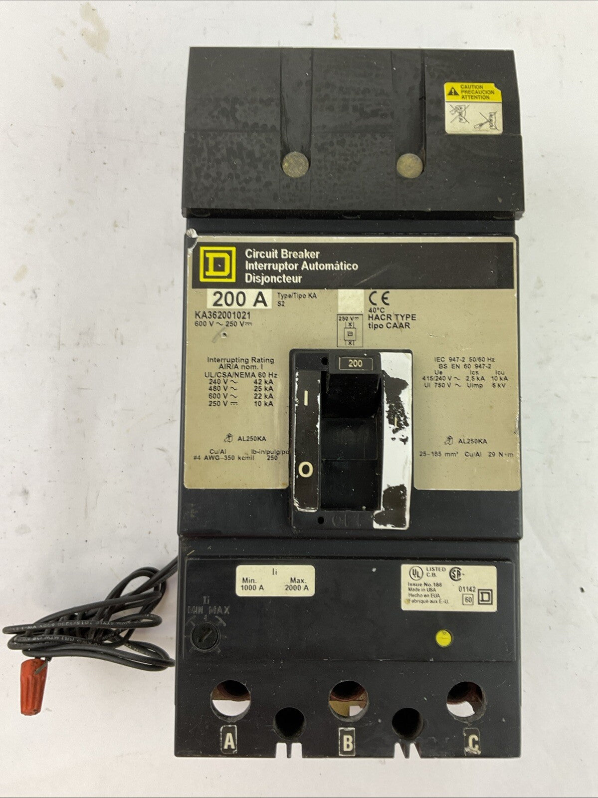 SQUARE D KA362001021 CIRCUIT BREAKER 600VAC 250VDC 3POLE 200AMP