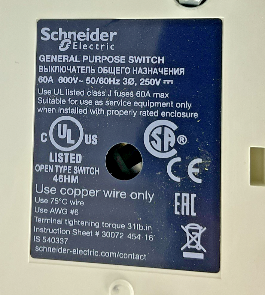 SCHNEIDER ELECTRIC GS2GU3N FUSIBLE DISCONNECT SWITCH 600V 60A