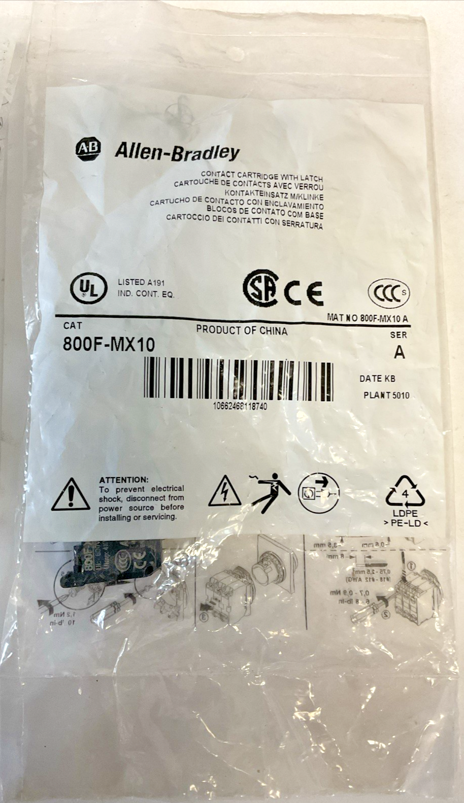 ALLEN BRADLEY 800F-MX10 CONTACT CARTRIDGE W/LATCH SER.A ***LOTOF2***