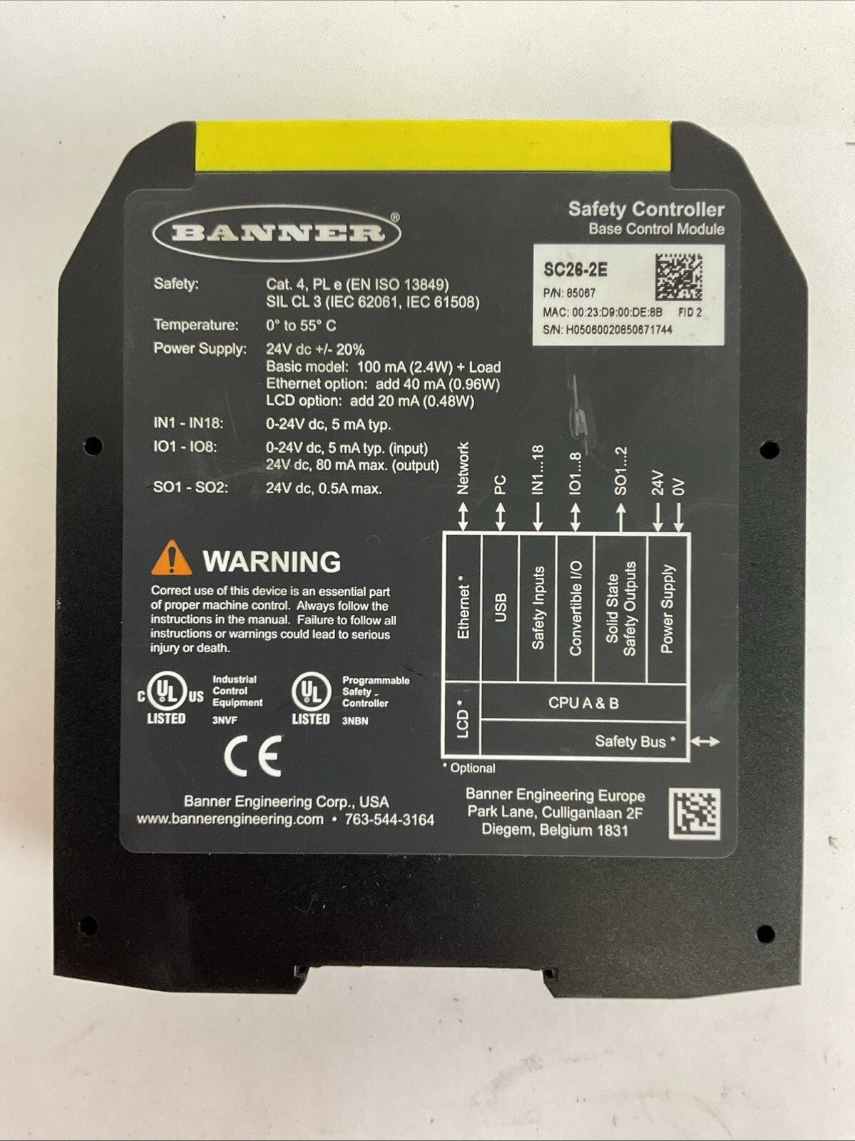 BANNER SC26-2E 85067 SAFETY CONTROLLER BASE CONTROL MODULE 24VDC