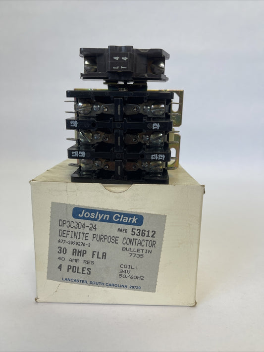 JOSLYN CLARK DP3C304-24 DEFINITE PURPOSE CONTACTOR A77-309027A-3 600VAC COIL 24V