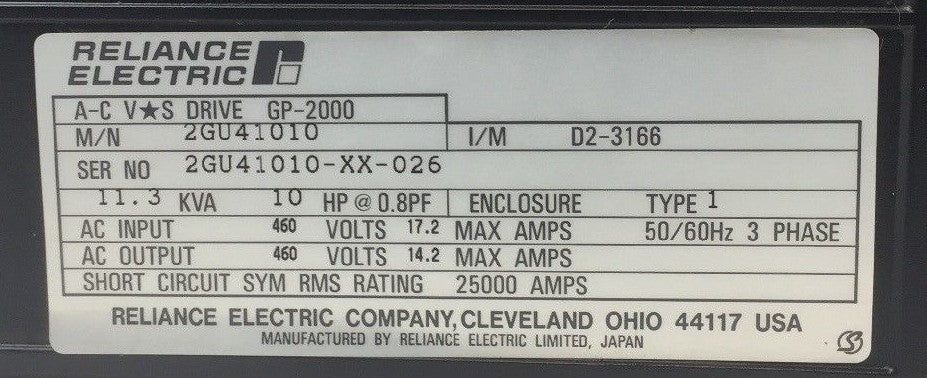 RELIANCE ELECTRIC 2GU41010 A-C VS DRIVE GP-2000 460 VAC 11.3KVA 3 PHASE