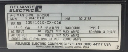 RELIANCE ELECTRIC 2GU41010 A-C VS DRIVE GP-2000 460 VAC 11.3KVA 3 PHASE