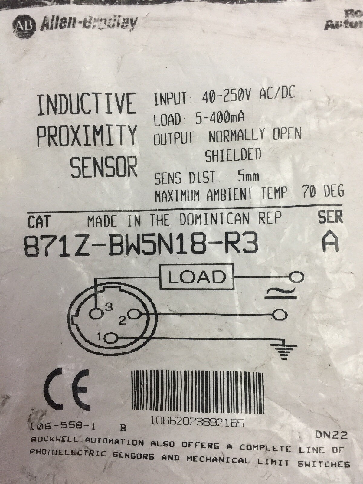 ALLEN BRADLEY 871Z-BW5N18-R3 INDUCTIVE PROXIMITY SENSOR 40-250VAC 5-400mA SER A