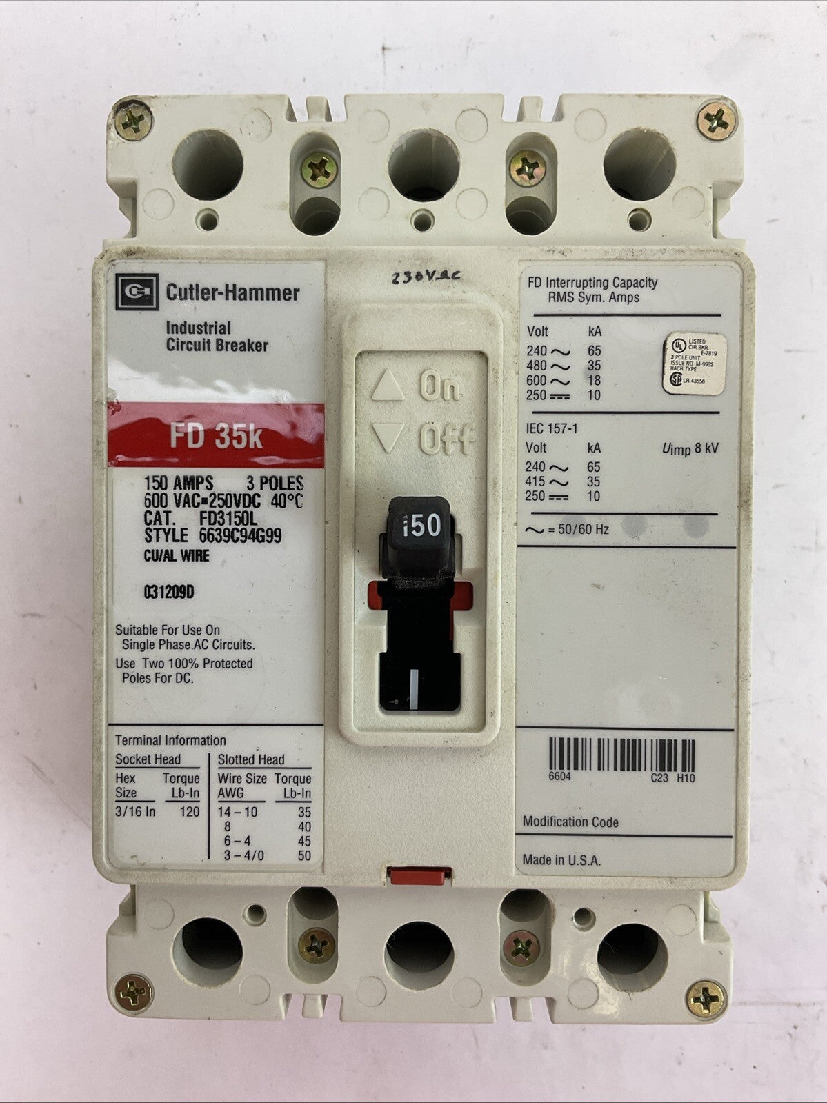CUTLER HAMMER FD3150L CIRCUIT BREAKER 150AMP 600VAC 250VDC 3POLE FD 35k