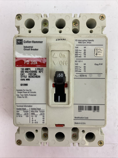CUTLER HAMMER FD3150L CIRCUIT BREAKER 150AMP 600VAC 250VDC 3POLE FD 35k