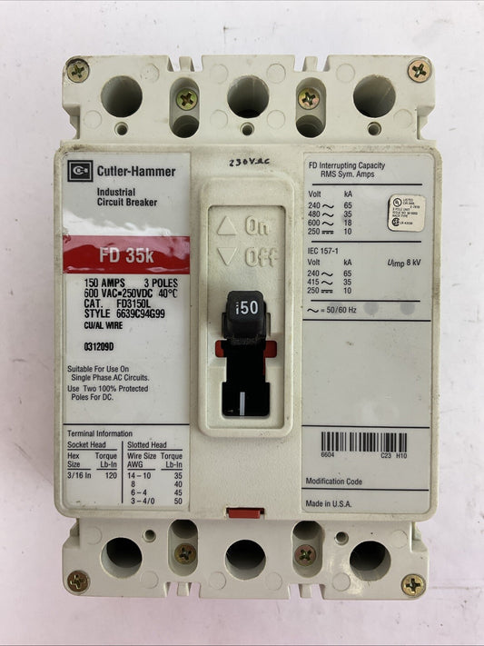 CUTLER HAMMER FD3150L CIRCUIT BREAKER 150AMP 600VAC 250VDC 3POLE FD 35k