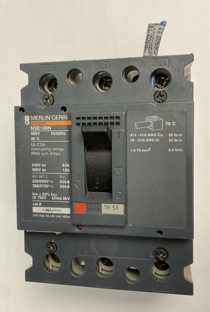 MERLIN GERIN NSE100N NENL34050 CIRCUIT BREAKER 50A 480V *SHUNT WIRE LENGTH VARY*