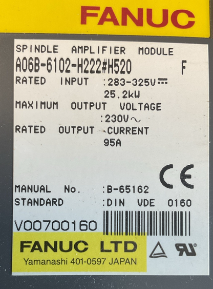 FANUC A06B-6102-H222#H520 SER F SPINDLE AMPLIFIER OUTPUT 230VAC 95A