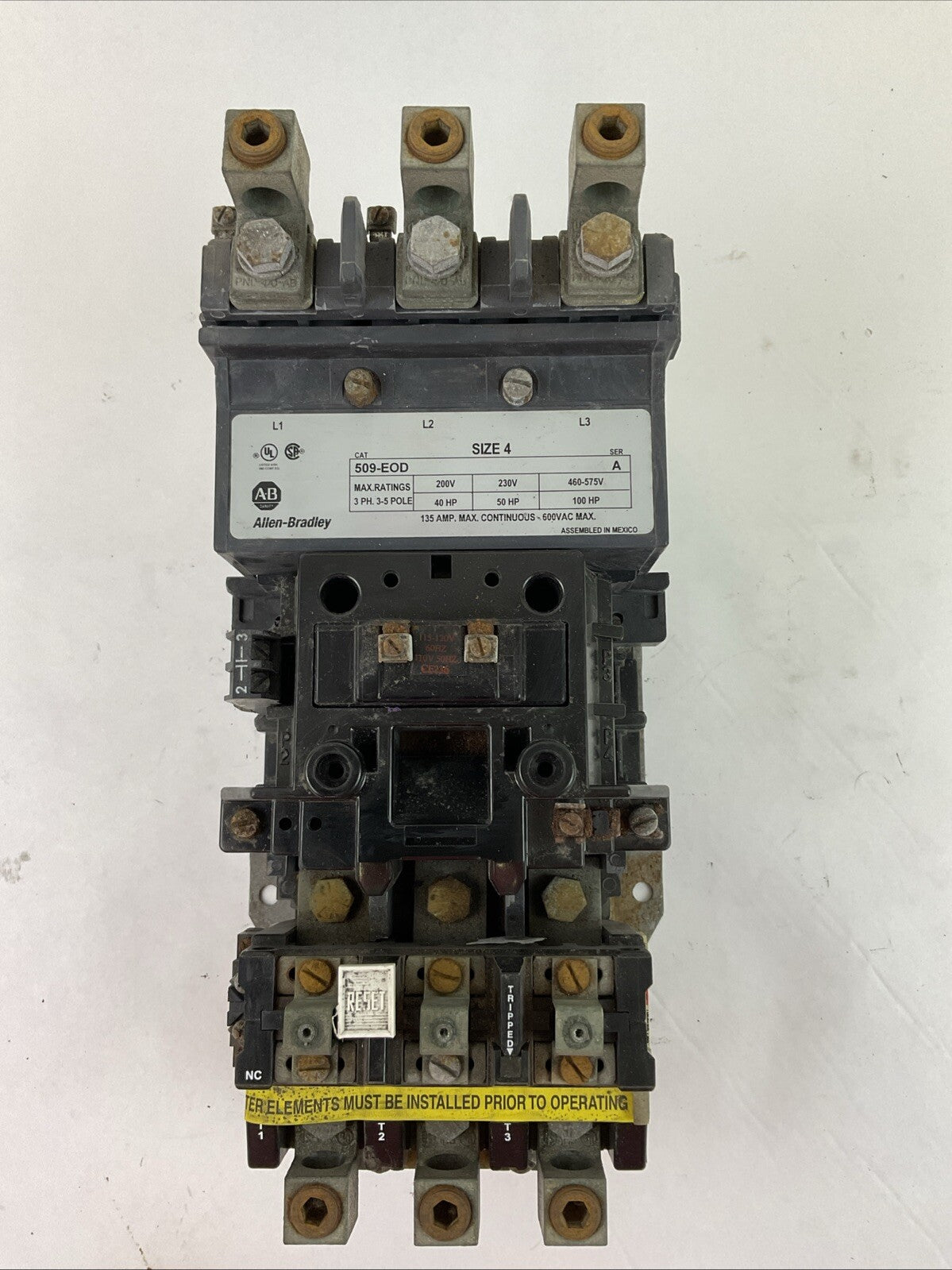 ALLEN BRADLEY 509-EOD SIZE 4 STARTER SER A 135A 600VAC 3PH 100HP COIL 115-120V