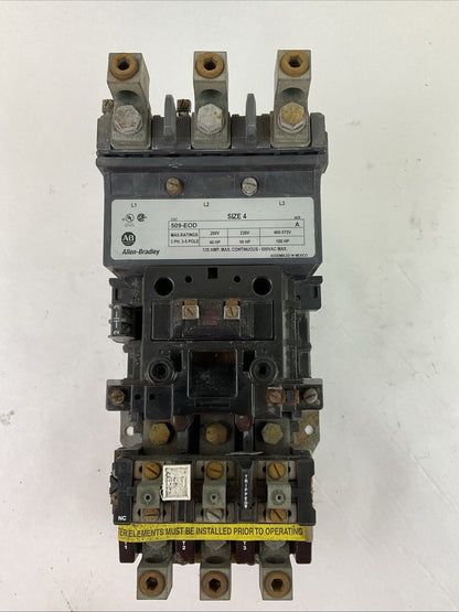 ALLEN BRADLEY 509-EOD SIZE 4 STARTER SER A 135A 600VAC 3PH 100HP COIL 115-120V