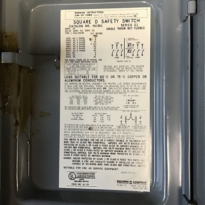 SQUARE D HU361 SAFETY SWITCH SER.E1 30A  NON FUSIBLE 600VAC/VDC 600VAC/VDC 30HP