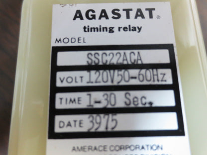 AGASTAT SSC22ACA TIMING RELAY 120VAC, 0-60Hz - TIME: 1-30 SECONDS - NEW in BOX