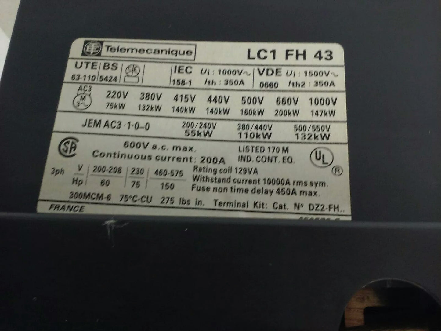 TELEMECANIQUE LC1FH43 CONTACTOR 3PH 600VAC 150HP 200A LA1F221 LX4 FH 190VDC