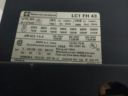 TELEMECANIQUE LC1FH43 CONTACTOR 3PH 600VAC 150HP 200A LA1F221 LX4 FH 190VDC