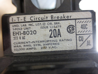 I-T-E EH1-B020 CIRCUIT BREAKER 20A / 277VAC / 1-POLE / NEW SURPLUS
