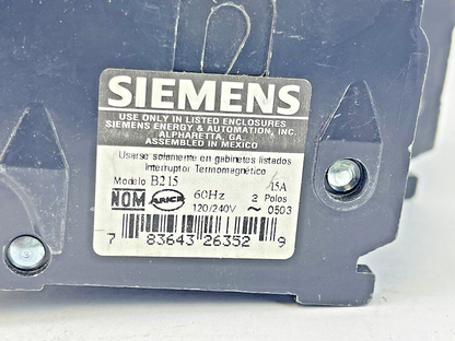 SIEMENS *LOT OF 2* - B215 - CIRCUIT BREAKERS -2 POLE, 15A, 240 VAC, 60Hz TYPE BL