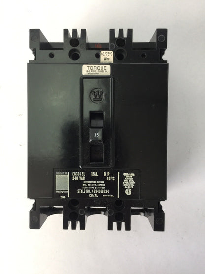 WESTINGHOUSE EB3015L CIRCUIT BREAKER 15AMP 240VAC 3POLE 4994D88G34