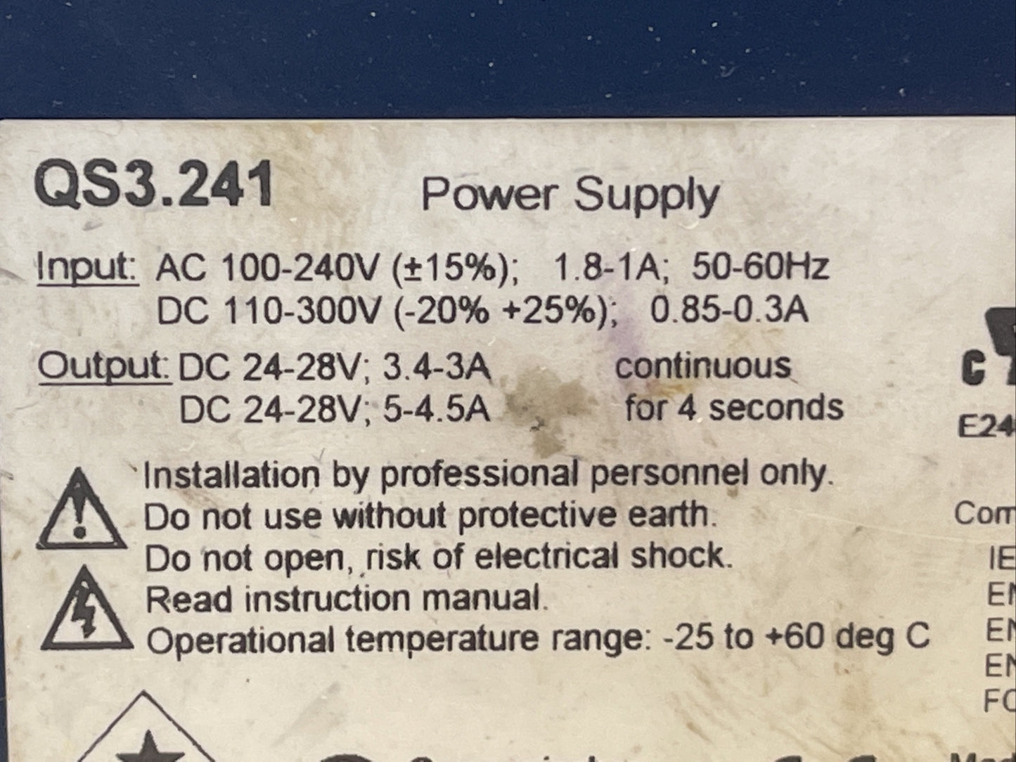 PULS DIMENSIONS QS3.241 POWER SUPPLY OUTPUT 24-28VDC INPUT 100-240VAC