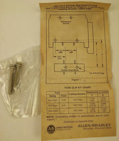 ALLEN BRADLEY 1494V-FS60, 60A, 600V, TRAILER FUSE BLOCK, 1494VFS60, 1494V