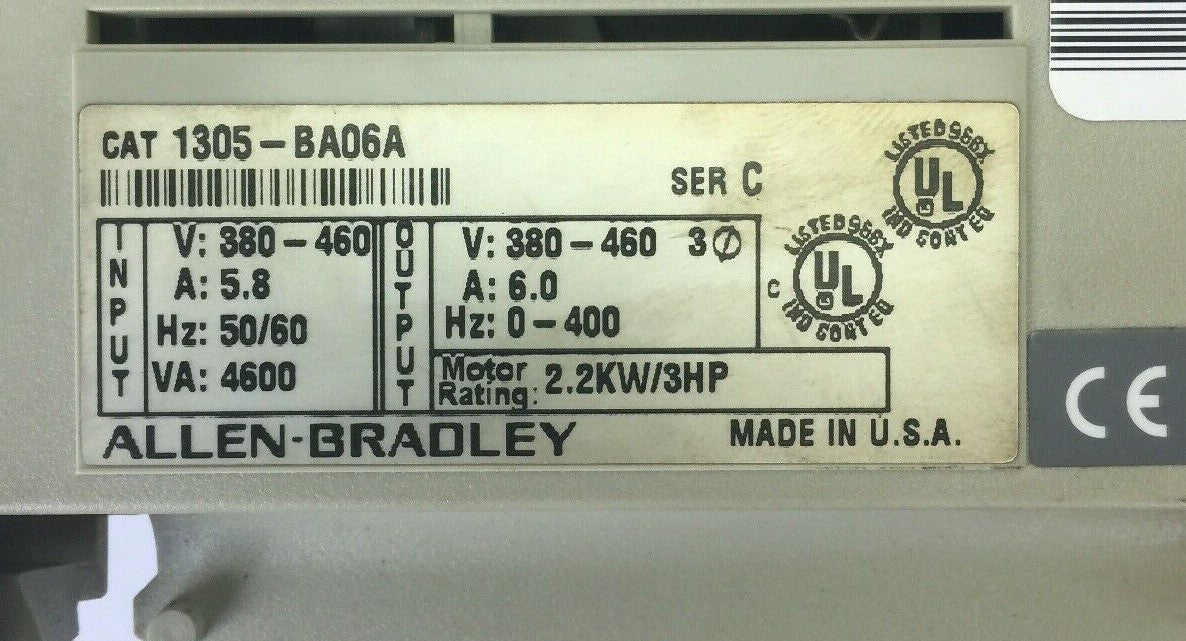 ALLEN BRADLEY 1305-BA06A AC DRIVE INPUT 380-460V 5.8A OUTPUT 380-460V 6A 3HP